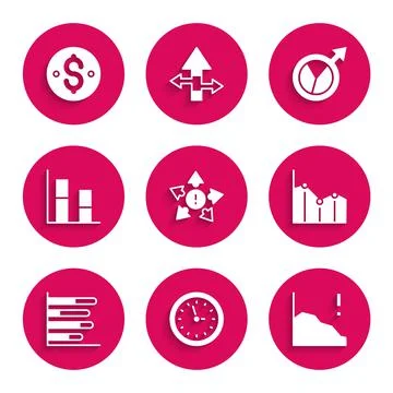 Set Many ways directional arrow, Clock, Financial growth decrease, Pie chart Stock Illustration