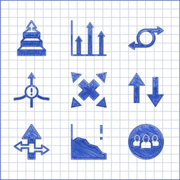 Set Many ways directional arrow, Financial growth decrease, Project team base Stock Illustration