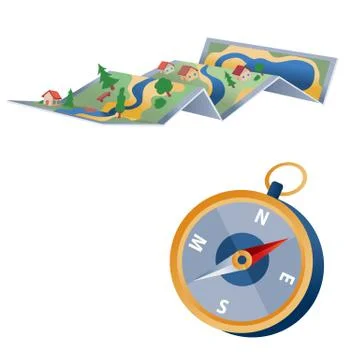 Set of map and compass for travel, isolated object on a white background Stock Illustration