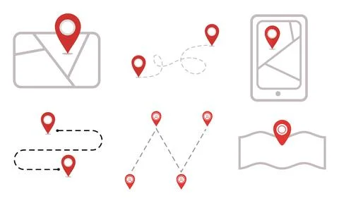 Set of Map and Location Pin Icons with Dotted Lines on Light Background Stock Illustration