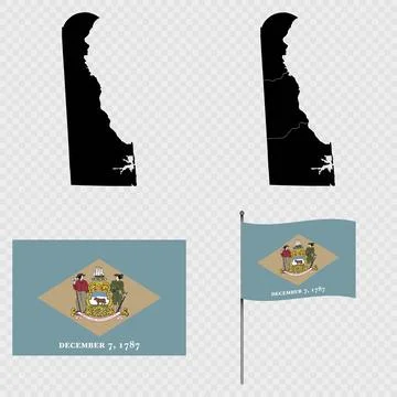 Set of map and map with province, flag and flagpole of Delaware state. Vect.. Stock Illustration