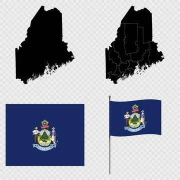 Set of map and map with province, flag and flagpole of Maine state. Vector .. Stock Illustration