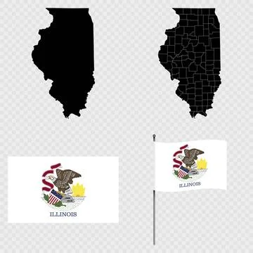 Set of map and map with province, flag and flagpole of Illinois state. Vect.. Stock Illustration