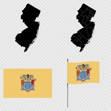 Set of map and map with province, flag and flagpole of New Jersey state. Ve.. Stock Illustration