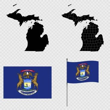 Set of map and map with province, flag and flagpole of Michigan state. Vect.. Stock Illustration