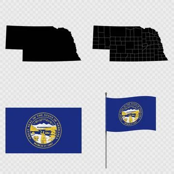 Set of map and map with province, flag and flagpole of Nebraska state. Vect.. Stock Illustration