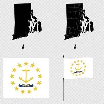Set of map and map with province, flag and flagpole of Rhode Island state. .. Stock Illustration