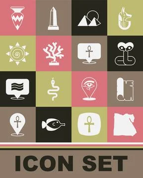 Set Map of Egypt, Papyrus scroll, Snake, pyramids, Coral, Sun, Egyptian vase and Illustrazione stock