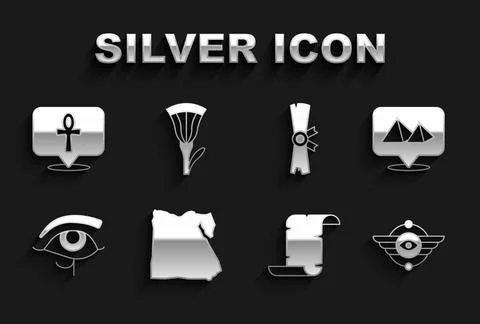 Set Map of Egypt, pyramids, Egyptian symbol Winged sun, Papyrus scroll, Eye.. Stock Illustration