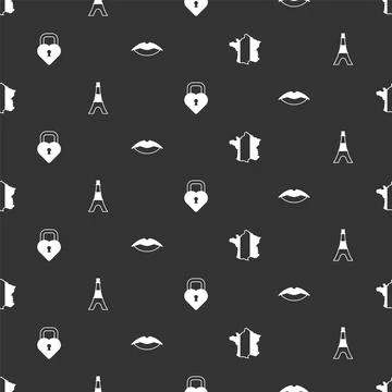 Set Map of France, Eiffel tower, Castle in the shape heart and Smiling lips on 스톡 일러스트