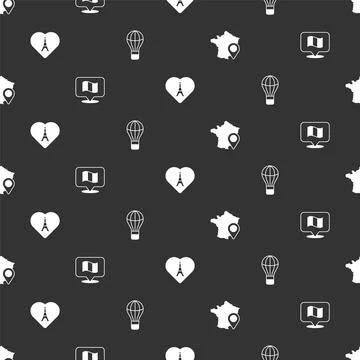Set Map of France, Flag, Eiffel tower with heart and Hot air balloon on sea.. Illustrazione stock