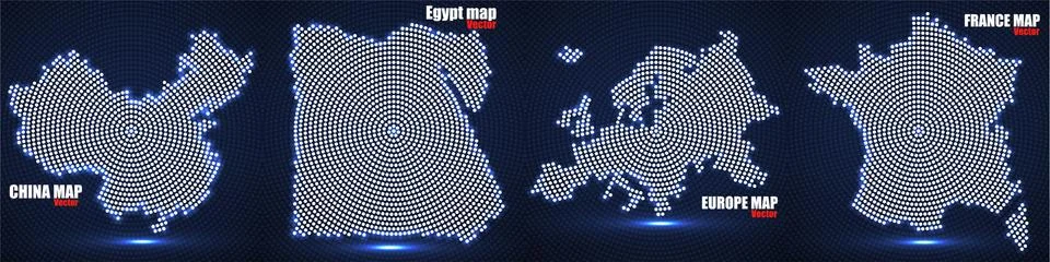 Set map of glowing radial dots China, Egypt, Europe and France. Vector illust Stock Illustration
