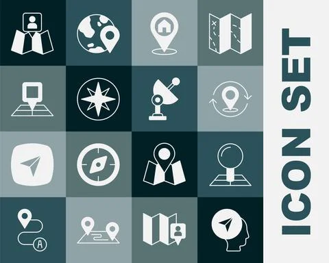 Set Map marker with human, Folded map location, pin, Location house, Wind rose Stock Illustration