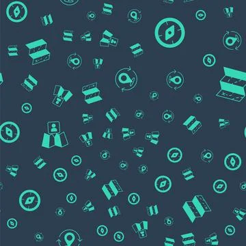 Set Map pin, Compass, Folded map with location marker and on seamless pattern Ilustración de archivo