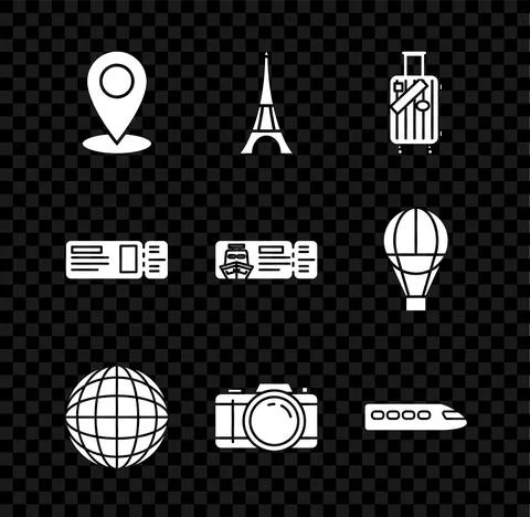Set Map pin, Eiffel tower, Suitcase for travel and stickers, Earth globe, Photo Stock Illustration