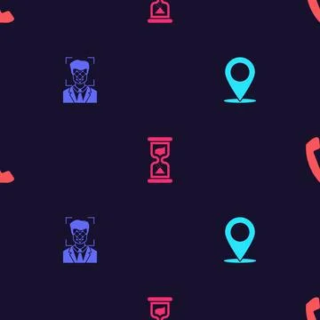Set Map pin, Face recognition, Old hourglass and Telephone handset on seamles Stock Illustration