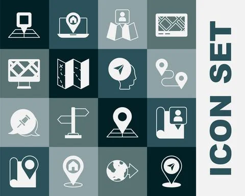 Set Map pin, Folded map with location marker, Route, Monitor, and human icon Stock Illustration