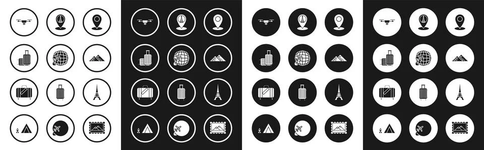 Set Map pin, Globe with flying plane, Suitcase for travel, Drone action video Stock Illustration