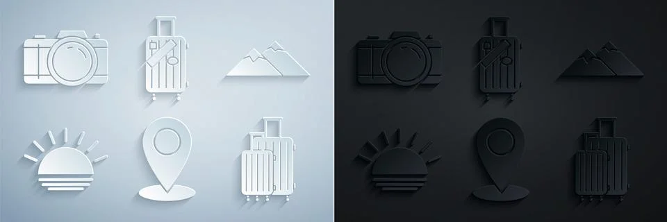 Set Map pin, Mountains, Sunset, Suitcase for travel, and stickers and Photo Stock Illustration