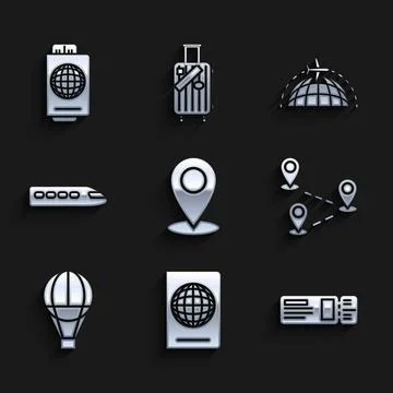 Set Map pin, Passport with biometric data, Travel ticket, Route location, Hot Illustrazione stock