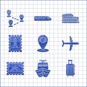 Set Map pin, Ship, Suitcase for travel, Plane, Postal stamp and Egypt pyramids Stock Illustration