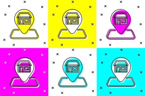 Set Map pin with Shopping building or market store icon isolated on color Ilustración de archivo