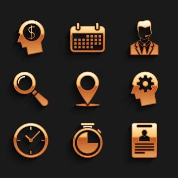 Set Map pin Stopwatch Identification badge Human head with gear inside Clock  Ilustración de archivo