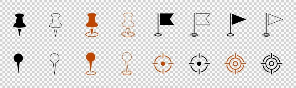 Set of map pins flags and target icons for navigation and location marking Stock Illustration