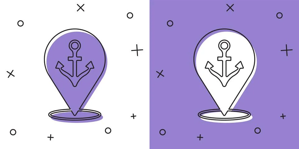 Set Map pointer with anchor icon isolated on white and purple background. Vector Stockillustratie