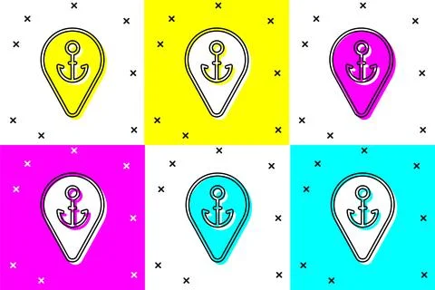 Set Map pointer with anchor icon isolated on color background.  Vector Stock Illustration