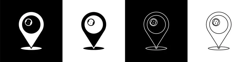 Set Map pointer with billiard pool snooker ball with number 8 icon isolated on Stock Illustration
