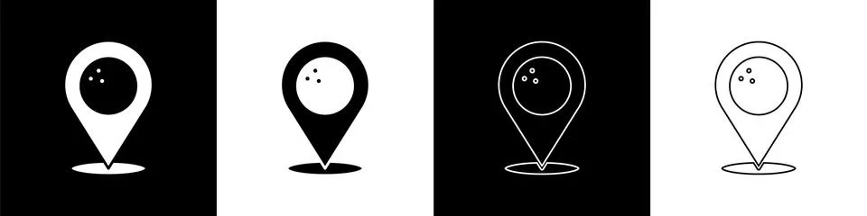 Set Map pointer with bowling ball icon isolated on black and white background イラスト素材