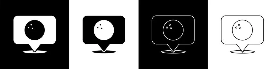 Set Map pointer with bowling ball icon isolated on black and white background Stock Illustration