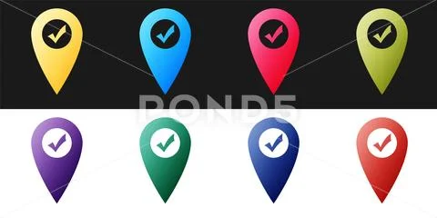 Set Map pointer with check mark icon isolated on black and white ...