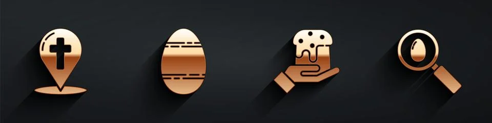 Set Map pointer with christian cross, Easter egg, Human hand and easter cake and Stock Illustration