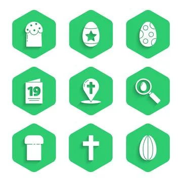 Set Map pointer with christian cross, Christian, Easter egg, Search and easter Stock Illustration