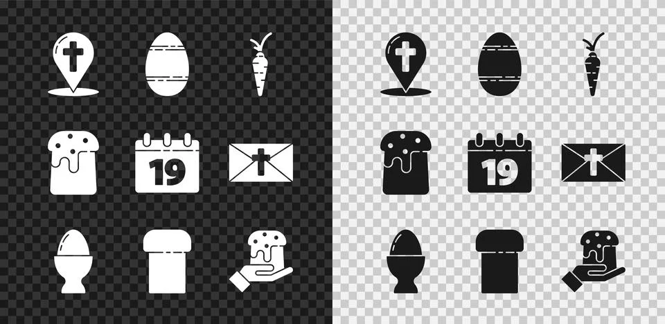 Set Map pointer with christian cross, Easter egg, Carrot, on stand, cake, Human Stock Illustration