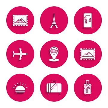 Set Map pointer with Coliseum in Rome, Italy, Suitcase for travel and stickers Stock Illustration