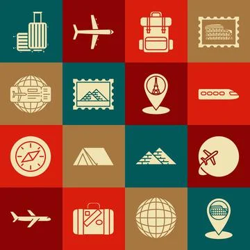 Set Map pointer with Coliseum in Rome, Italy, Globe flying plane, Train, Hiking Illustrazione stock