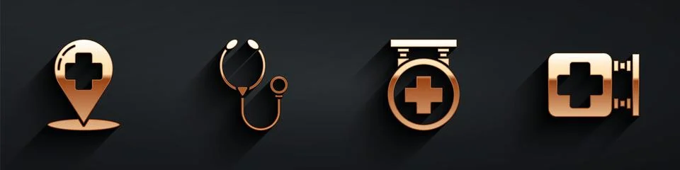 Set Map pointer with cross hospital, Stethoscope, Hospital signboard and 스톡 일러스트