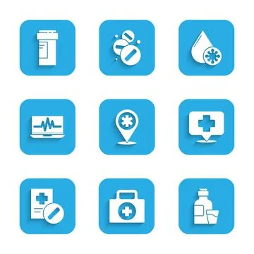 Set Map pointer with cross hospital, First aid kit, Bottle of medicine syrup Stock Illustration