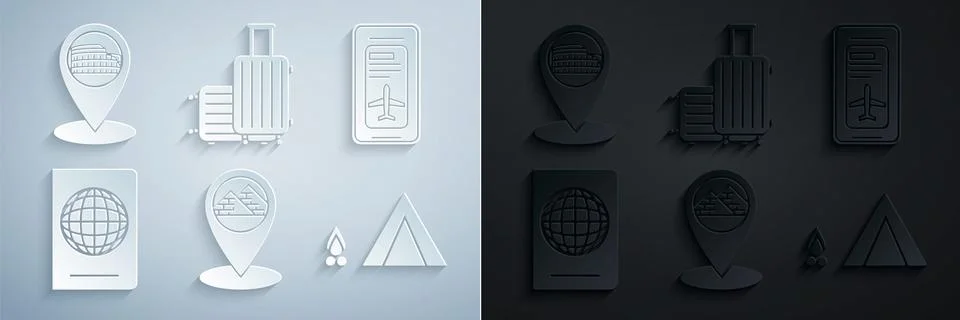 Set Map pointer with Egypt pyramids, Smartphone electronic boarding pass airline Stock Illustration