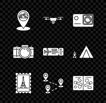 Set Map pointer with Egypt pyramids, Drone flying action video camera, Action Stock Illustration