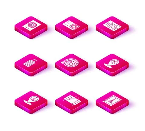 Set Map pointer with Eiffel tower, Suitcase for travel and stickers, Globe Stockillustratie