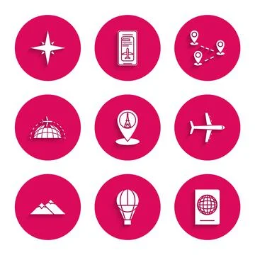 Set Map pointer with Eiffel tower, Hot air balloon, Passport biometric data Illustrazione stock