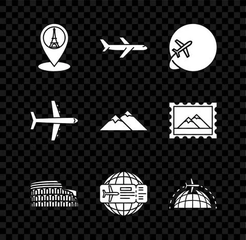 Set Map pointer with Eiffel tower, Plane, Globe flying plane, Coliseum Rome Stock Illustration