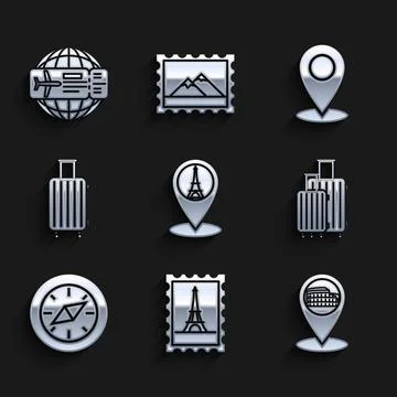 Set Map pointer with Eiffel tower, Postal stamp and, Coliseum Rome, Italy, .. 스톡 일러스트