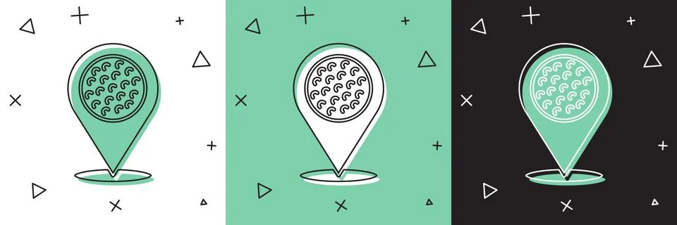 Set Map pointer with golf sport club icon isolated on white and green, black Stock Illustration