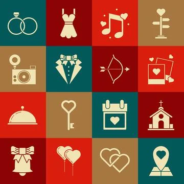 Set Map pointer with heart, Church building, Two blanks photo frames and hearts Ilustración de archivo