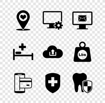 Set Map pointer with heart, Computer monitor and gear, Monitor envelope, NFC Illustrazione stock
